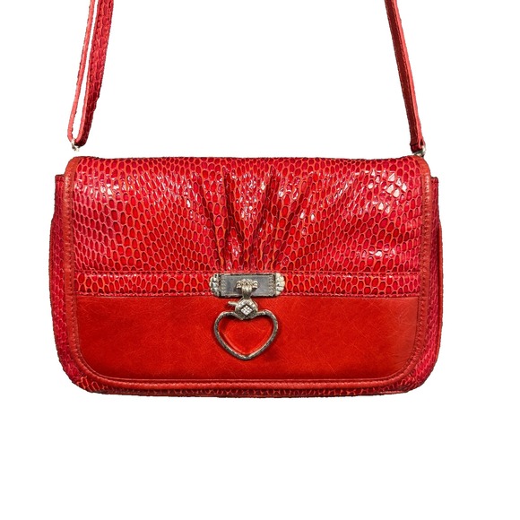 Brighton Handbags - Vintage Brighton Red Snakeskin Embossed Leather Crossbody Flap Bag Silver Heart